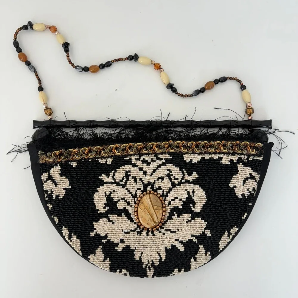 Mary Frances Fully Beaded Semi-Circle Clutch Bag Feather Trim Wood Handle - Picture 2 of 12